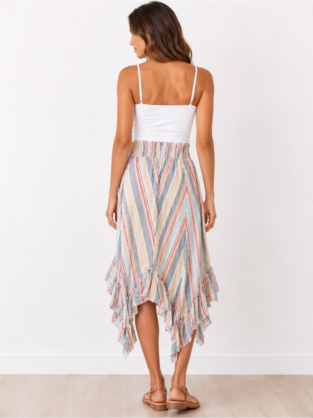 Versona Multicolor Striped Asymmetrical Ruffle Skirt - Picture 2 of 5